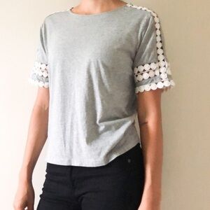 J Crew Gray White Crochet Trim Short Sleeve Blouse